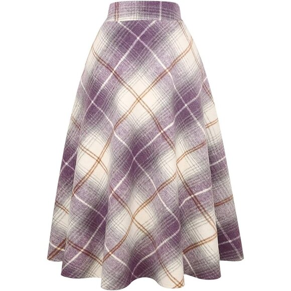 Womens Long Pure PurpleElastic Waist A-Line Pleated Tartan Long Plaid Wool Skirt - Picture 1 of 8